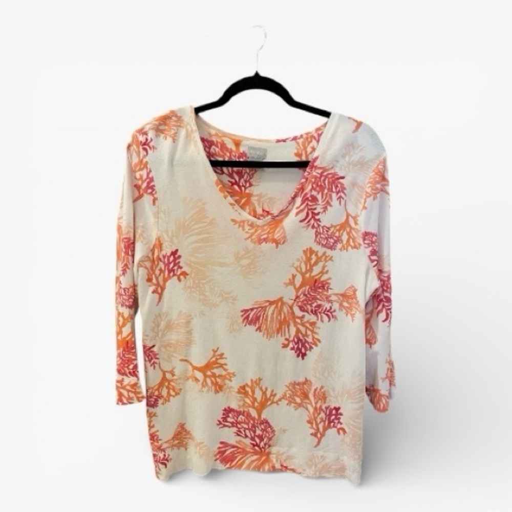 Chico's Pima Cotton Coral and Pink Floral 3/4 Sleeve Top, Size 3 (XL, 16-18).